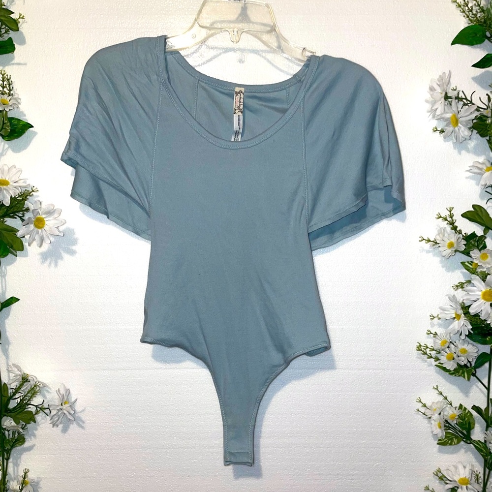 FREE PEOPLE -light blue short flutter sleeve -thong snap bodysuit!